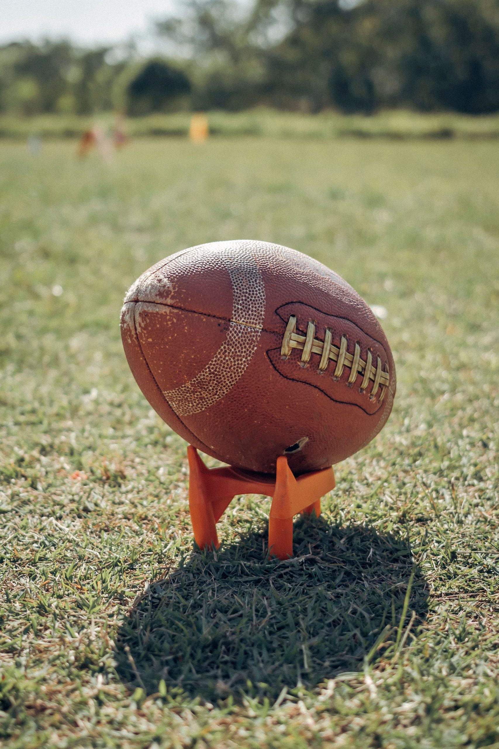 A detailed view of an American football resting on a grass field during daylight.